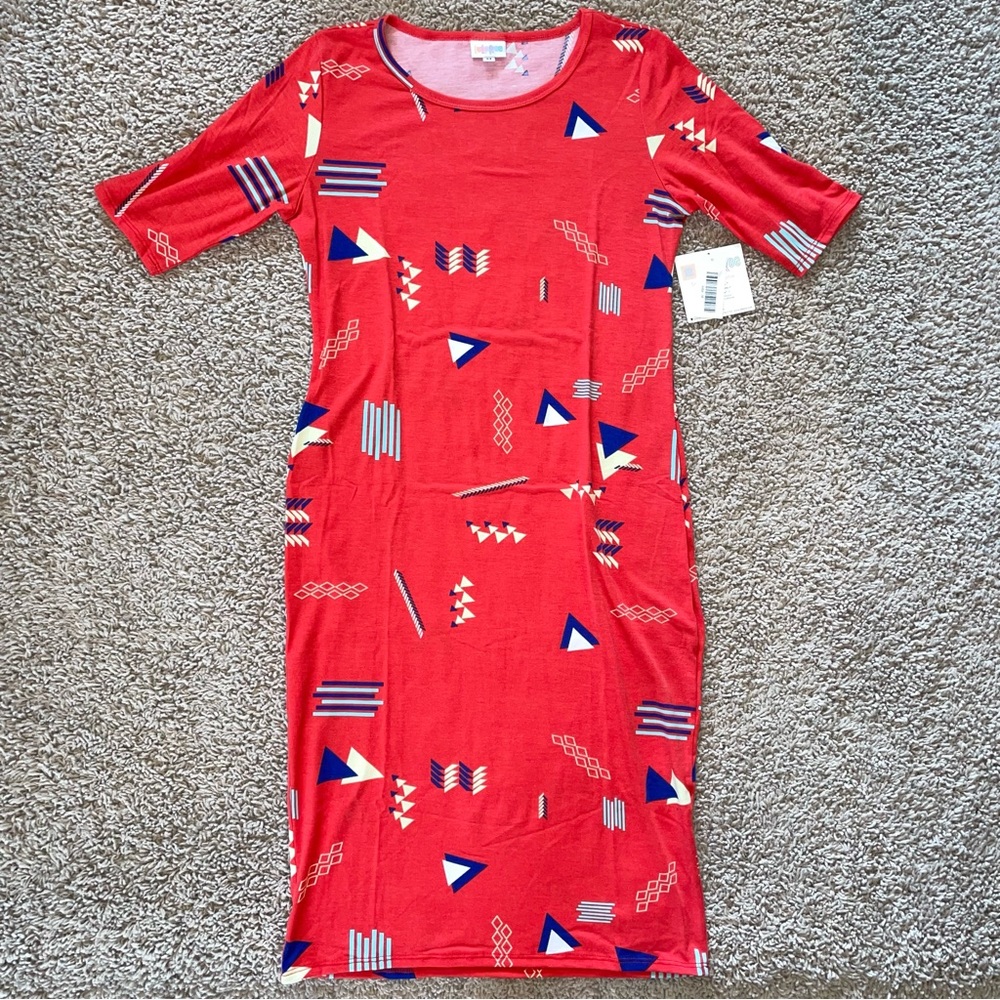 Lularoe Julia Fitted Dress Knit Bodycon Multi Colored Geometric Red Size Medium